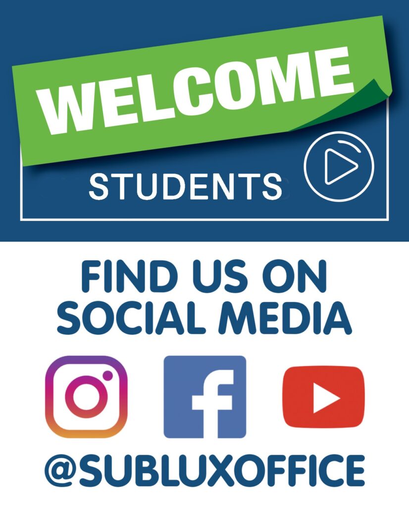 Welcome students with social media icons.